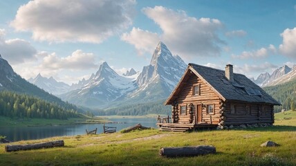 picturesque log cabin nestled by a serene lake, surrounded by towering mountains and lush green meadows, offering a peaceful escape in the heart of nature