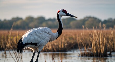 Fototapeta premium Crane in wetland background side view portrait