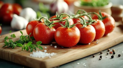 A vibrant row of glistening tomatoes garnished with herbs rests on a chopping board, suggesting preparation for a delicious culinary adventure filled with flavor.