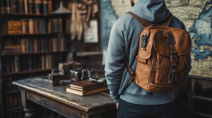 Fototapeta premium Man wearing a brown leather backpack stands near bookshelves