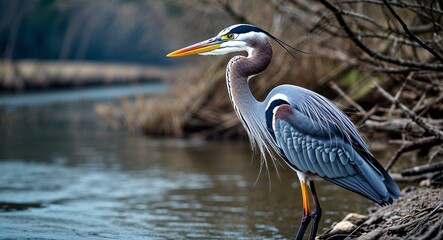 Fototapeta premium Heron by riverbank background side view portrait