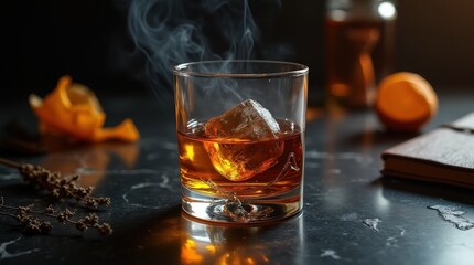 Whiskey on rocks with smoke and citrus in a dimly lit setting