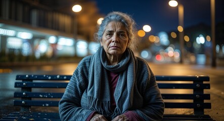 Fototapeta premium Homeless mature Hispanic woman in a public bench at night background portrait facing forward