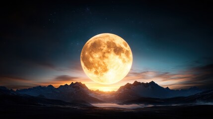 The golden hues of a rising moon fill the sky with warmth, casting a beautiful glow over silhouettes of a majestic mountain range at dawn, enriching nature's grandeur.