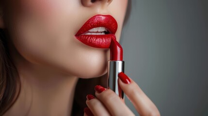 Fototapeta premium A close-up of a woman with bold red lips applying lipstick. Her glossy lips, manicured nails, and smooth skin enhance the luxurious beauty aesthetic