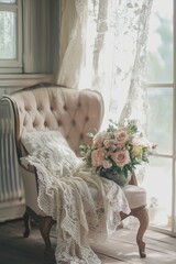 Romantic Vintage Chair with Floral Arrangement and Lace Fabric