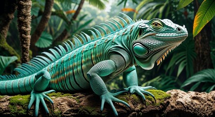 Fototapeta premium Iguana in tropical forest background side view portrait