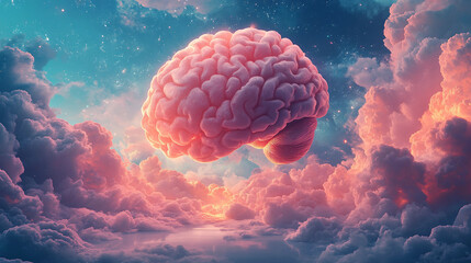 A brain suspended above a clean desk, surrounded by swirling colors and abstract shapes, artistic collage style, symbolizing creativity and intellect, photorealistic elements