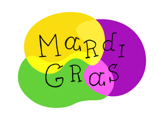 Mardi Gras handwritten words isolated on white background. Hand drawn Calligraphy lettering style. Fat tuesday typography. Yellow purple green sticker for banner poster social media.