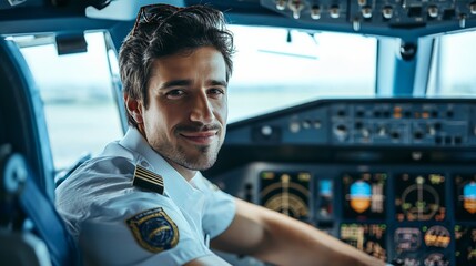 a pilot sits in the cockpit of his passenger aircraft