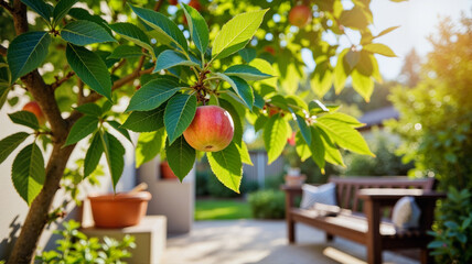 Lush fruit tree with ripe apples in sunny backyard, summer abundance