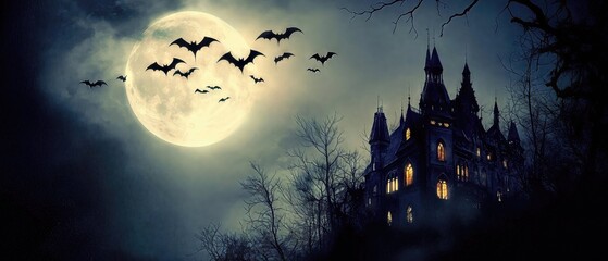 Fototapeta premium dark, gothic castle under a glowing full moon, surrounded by flying bats, evoking mystery, horror, and supernatural legends