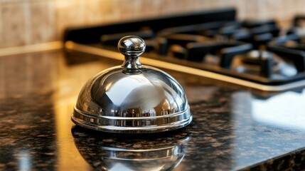 Obraz premium Close-up of a concierge service bell on a sleek, modern countertop.