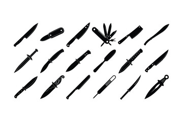 Set of black knife silhouettes including combat knives, kitchen knives, folding knives, and machete on white background