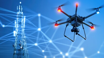 Drone surveillance technology enhancements telecommunications tower image urban environment aerial view modern innovations