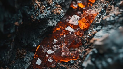 Close-up raw amethyst crystals inside a rocky cave. Natural gemstone, geology, mineral formation, treasure discovery, underground beauty, rare stone, sparkling facets, earth's wonders. Generative AI