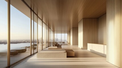 Concierge area in a modern skyscraper hotel with floor-to-ceiling windows.