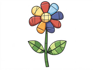 A digitally illustrated flower with vibrant multicolored petals arranged in a geometric pattern and green leaves on a clean white background
