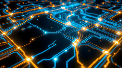 Circuit Board Pattern with Glowing Blue and Gold Lines for High-Tech Design