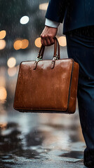 A businessman carrying his briefcase in the rain

