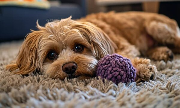 Adorable Fluffy Cavapoo Puppy Resting on a Shag Carpet with Toy