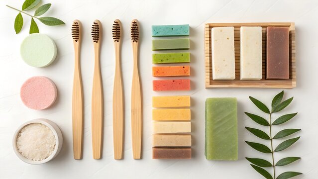 Sustainable Bathroom Essentials Flatlay