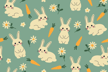 cute easter, spring seamless pattern with bunnies, daisies and carrots; great for wrapping, greeting cards, social media graphics- vector illustration