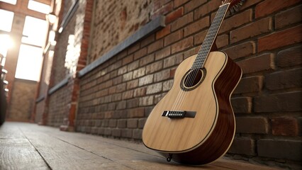 Obraz premium Acoustic Guitar Against Brick Wall
