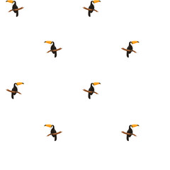 Colorful toucans flying against a white background create a vibrant and playful pattern