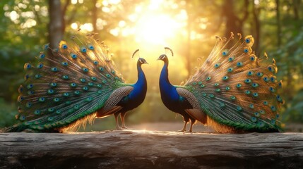 Obraz premium Two magnificent peacocks are shown with their stunning feathers fully displayed in brilliant sunlight, creating an enchanting visual spectacle filled with vibrant colors and elegance.