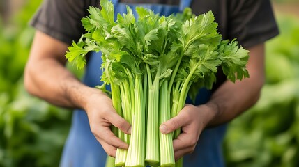 Fototapeta premium Holding Fresh Green Celery Bunch Farmer Displaying Harvest Close Up