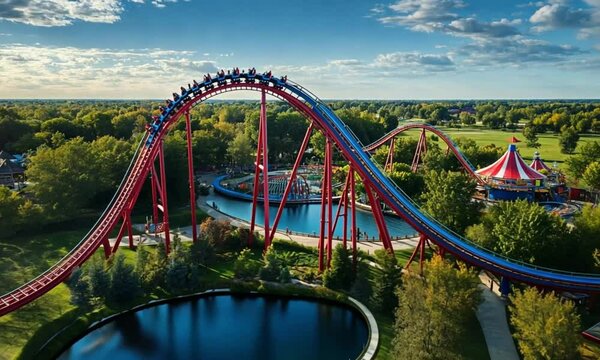 Aerial View of a Thrilling Roller Coaster Arcing Over a Lush Amusement Park