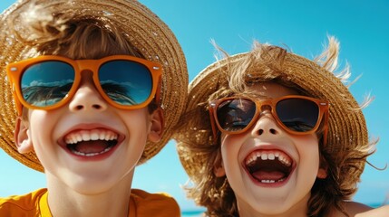 Two cheerful children laugh heartily while wearing matching straw hats, reflecting the bliss and joy of summer moments spent together, highlighting the beauty of friendship and happiness.