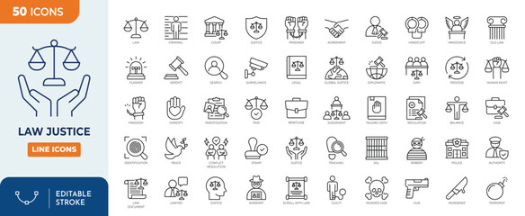 Law and justice icon set. Containing Law, judgement, prison, justice, court legal, lawyer, criminal, and more. Outline Icon Collection. Vector illustration. Editable stroke