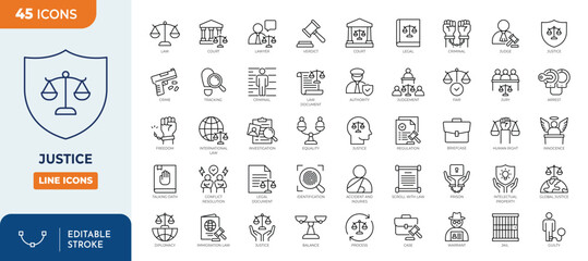 Justice icon set. Containing justice law, court, lawyer, judgment, authority, criminal, prison, and more. Outline Icon Collection. Vector illustration. Editable stroke