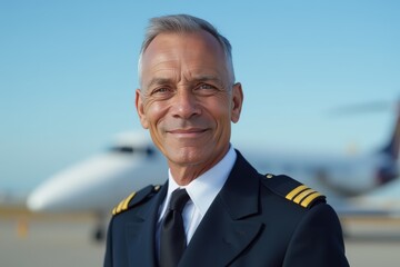 Head and shoulders portrait of a Mauritian smiling 50 years old male airplane captain pilot in uniform.