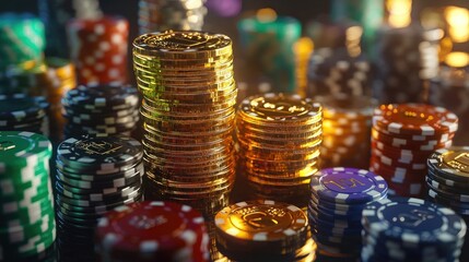 Stacks of gold and silver casino chips on a black surface. Gambling, high stakes, wealth, risk, gaming industry, luxury, betting, money, entertainment, financial success, poker night. Generative AI