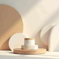 Elegant Wood Podium in Soft Vintage Tones with Geometric Shapes and Golden Reflections