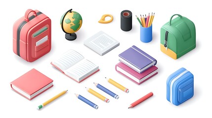 A collection of school-related 3D icons, including books, backpacks, pencils, and a globe, arranged neatly on a white background for a clean and modern look.