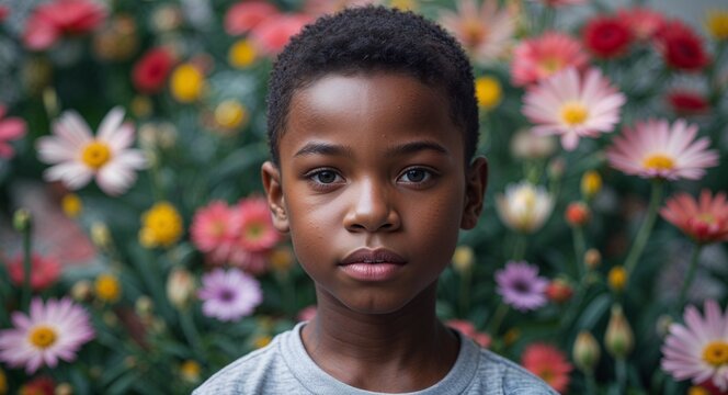 Young Black African boy in a flower garden background close up portrait facing forward