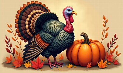 Fototapeta premium A vibrant and artistic illustration of a turkey with a pumpkin and autumn leaves, perfect for Thanksgiving-themed designs and decorations.