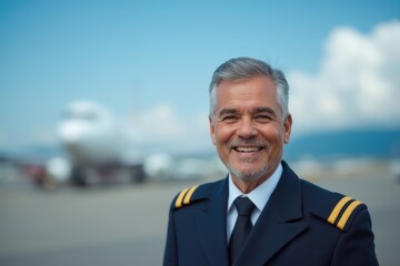 Head and shoulders portrait of a Nicaraguan smiling 50 years old male airplane captain pilot in uniform.