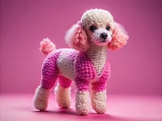 Adorable handmade knitted poodle amigurumi toy, silhouetted against a pink backdrop.