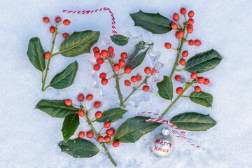 Weihnachts-Dekoration mit Eisfigur mit Stechpalmen-Beeren im Schnee