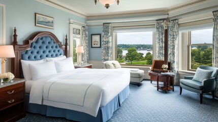 Fototapeta premium Elegant luxury hotel suite with plush bedding and stylish modern decor.
