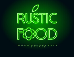 Vector Glowing Advertisement Rustic Food. Elegant Digital Font. Green Neon Alphabet Letters and Numbers set.