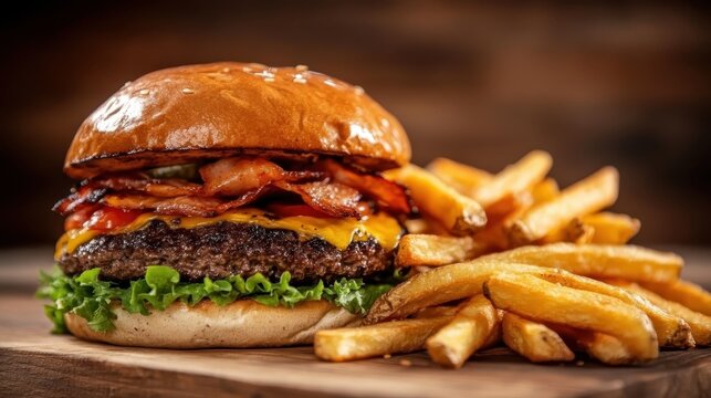 This mouthwatering burger showcases melted cheese and crunchy bacon layered atop a juicy patty, served alongside crispy fries for a fulfilling meal experience.