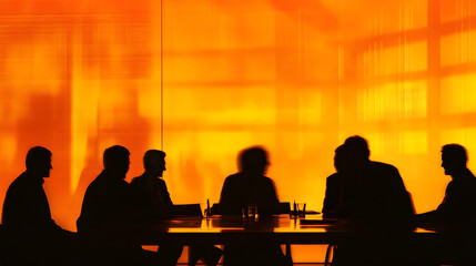 A dramatic photograph of an elegant boardroom meeting, with shadowy figures around the table
