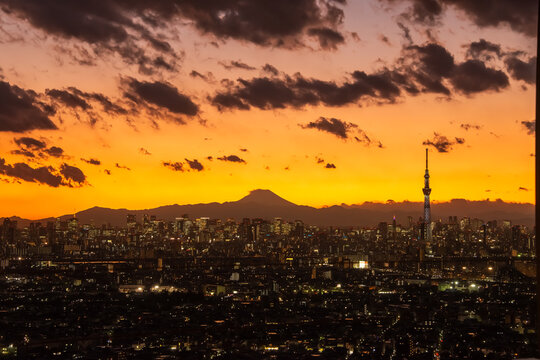 Dusk hour of Greater Tokyo,  Mt. Fuji and SkyTree Tower landmark, Beautiful atmosphere of Tokyo in the evening - Powered by Adobe