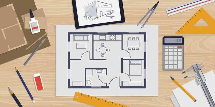 Architect desk with house project